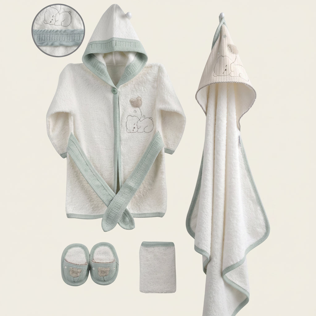 Bear & Balloon Embroidery Cotton 4-Piece Baby Bathrobe Set Green (0-24 Months) - GB024.893