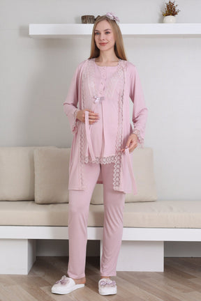 Lace Embroidered 3-Piece Maternity-Nursing Pajama & Robe Set Powder - 3430