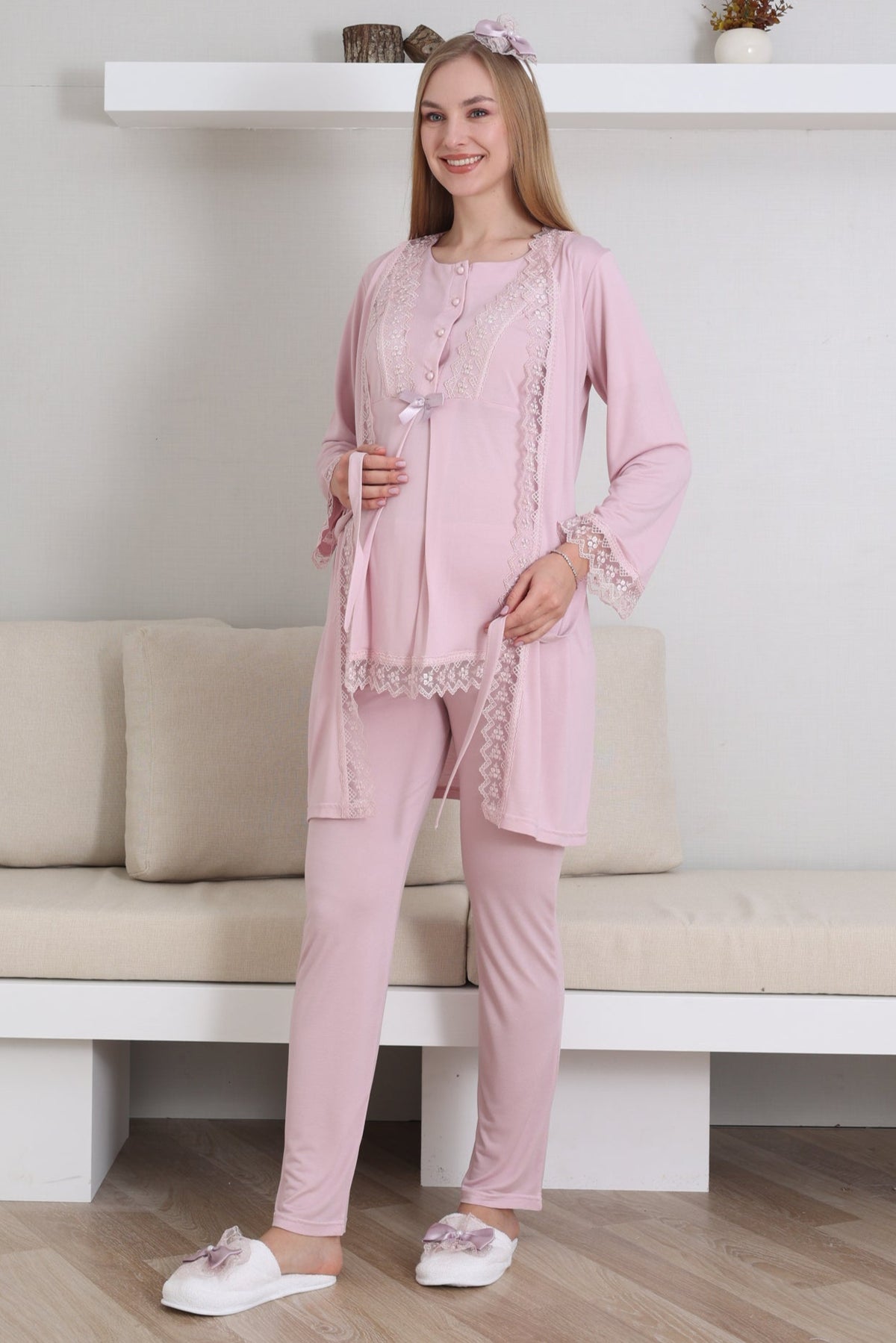 Lace Embroidered 3-Piece Maternity-Nursing Pajama & Robe Set Powder - 3430