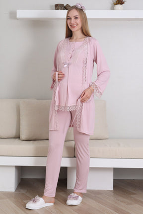 Lace Embroidered 3-Piece Maternity-Nursing Pajama & Robe Set Powder - 3430