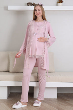 Lace Embroidered 3-Piece Maternity-Nursing Pajama & Robe Set Powder - 3430