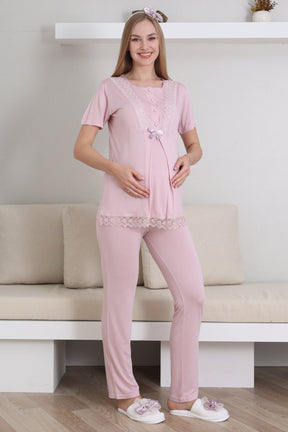 Lace Embroidered 3-Piece Maternity-Nursing Pajama & Robe Set Powder - 3430