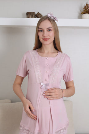 Lace Embroidered 3-Piece Maternity-Nursing Pajama & Robe Set Powder - 3430