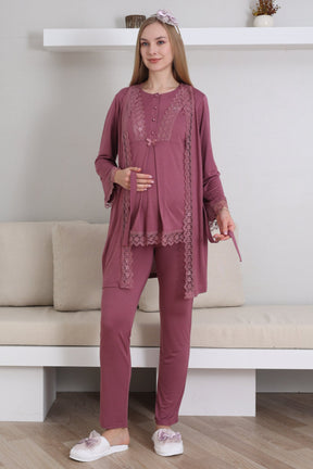 Lace Embroidered 3-Piece Maternity-Nursing Pajama & Robe Set Cherry - 3430