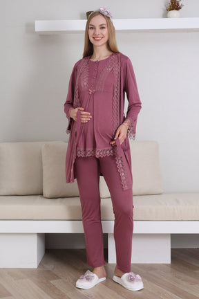 Lace Embroidered 3-Piece Maternity-Nursing Pajama & Robe Set Cherry - 3430