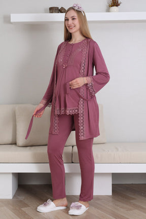 Lace Embroidered 3-Piece Maternity-Nursing Pajama & Robe Set Cherry - 3430