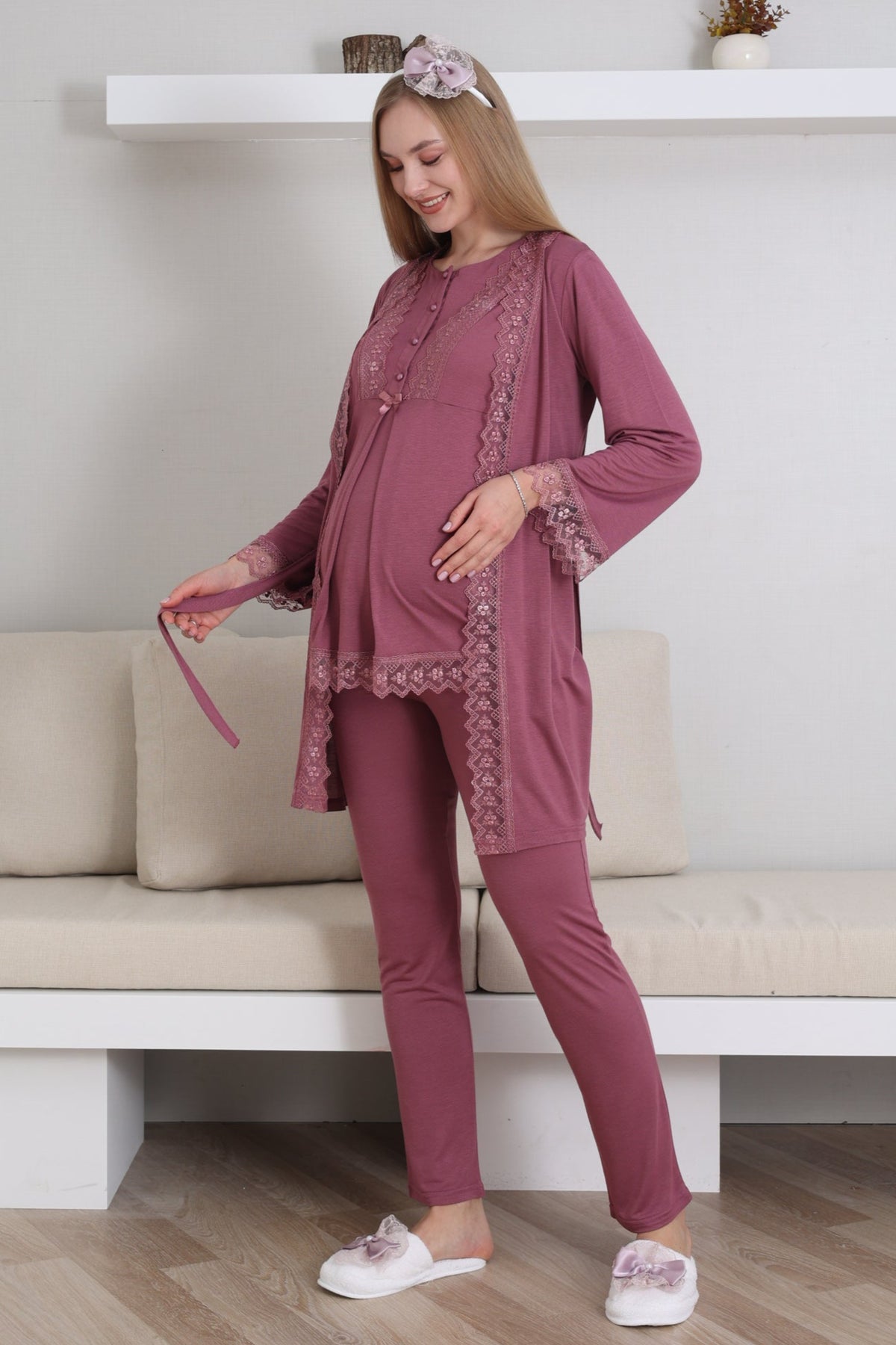 Lace Embroidered 3-Piece Maternity-Nursing Pajama & Robe Set Cherry - 3430