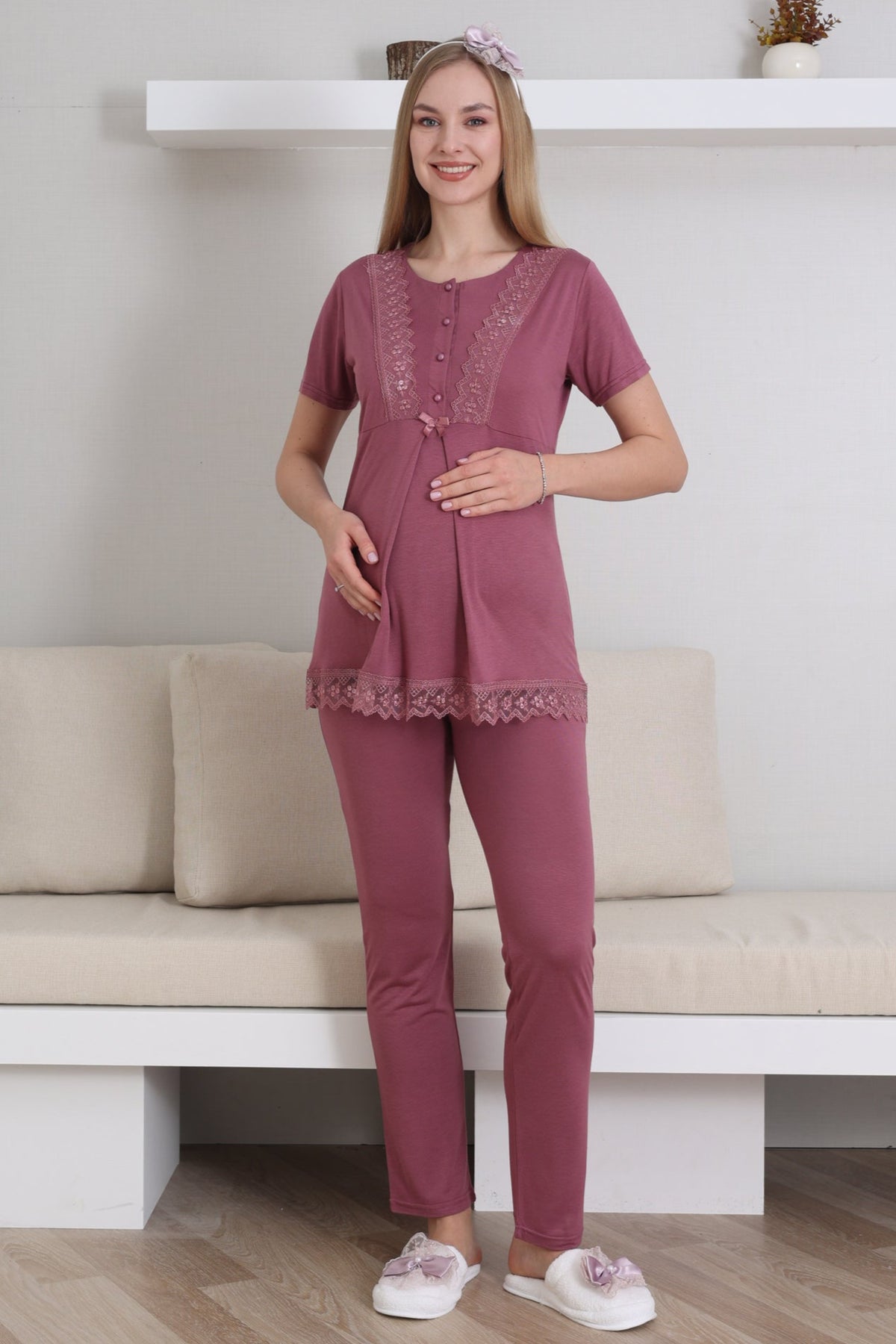 Lace Embroidered 3-Piece Maternity-Nursing Pajama & Robe Set Cherry - 3430