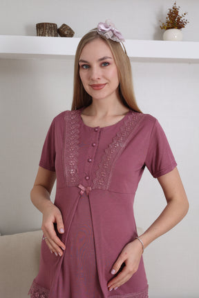 Lace Embroidered 3-Piece Maternity-Nursing Pajama & Robe Set Cherry - 3430