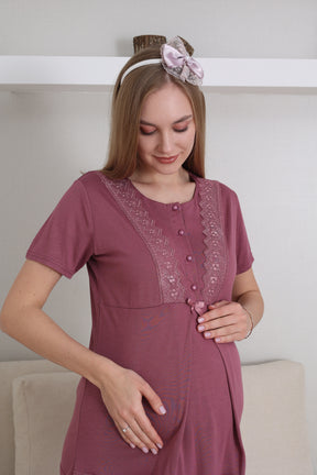 Lace Embroidered 3-Piece Maternity-Nursing Pajama & Robe Set Cherry - 3430