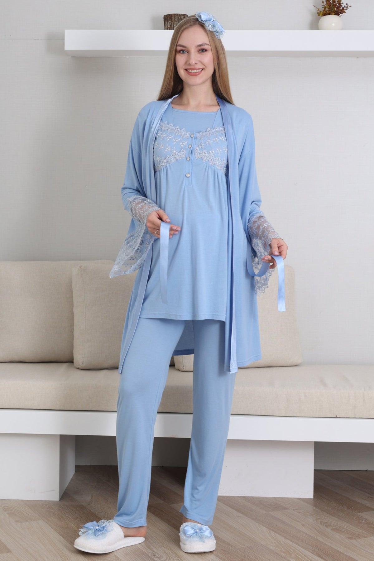 Lace Collar and Sleeve 3-Piece Maternity-Nursing Pajama & Robe Set Blue - 3431