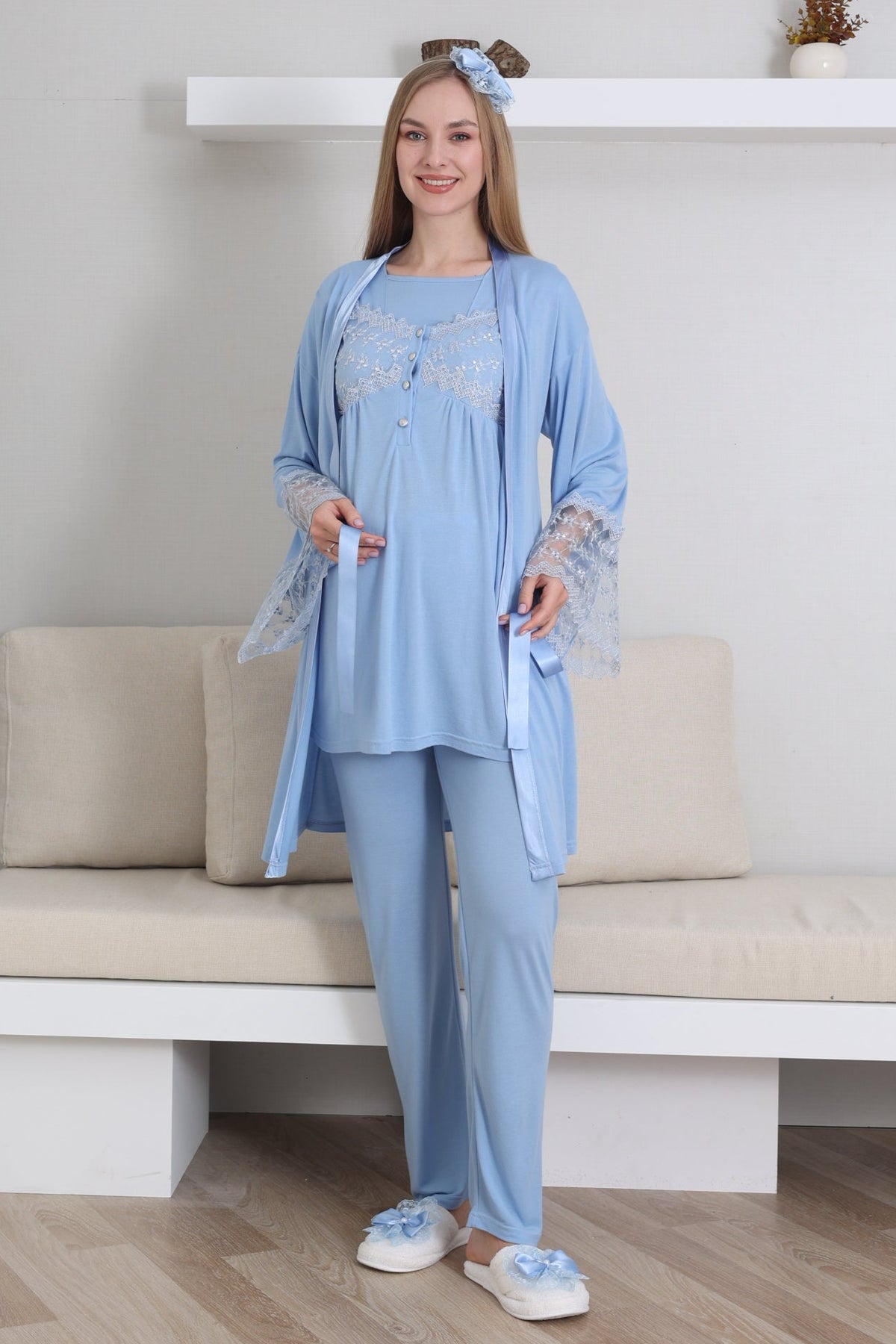 Lace Collar and Sleeve 3-Piece Maternity-Nursing Pajama & Robe Set Blue - 3431