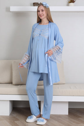 Lace Collar and Sleeve 3-Piece Maternity-Nursing Pajama & Robe Set Blue - 3431