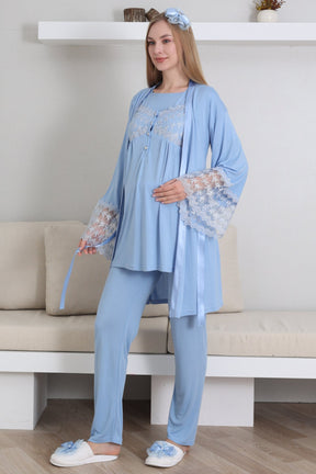 Lace Collar and Sleeve 3-Piece Maternity-Nursing Pajama & Robe Set Blue - 3431