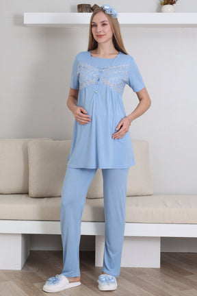Lace Collar and Sleeve 3-Piece Maternity-Nursing Pajama & Robe Set Blue - 3431