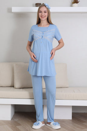 Lace Collar and Sleeve 3-Piece Maternity-Nursing Pajama & Robe Set Blue - 3431