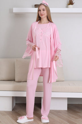 Lace Collar and Sleeve 3-Piece Maternity-Nursing Pajama & Robe Set Pink - 3431