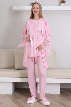 Lace Collar and Sleeve 3-Piece Maternity-Nursing Pajama & Robe Set Pink - 3431