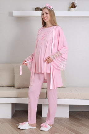 Lace Collar and Sleeve 3-Piece Maternity-Nursing Pajama & Robe Set Pink - 3431