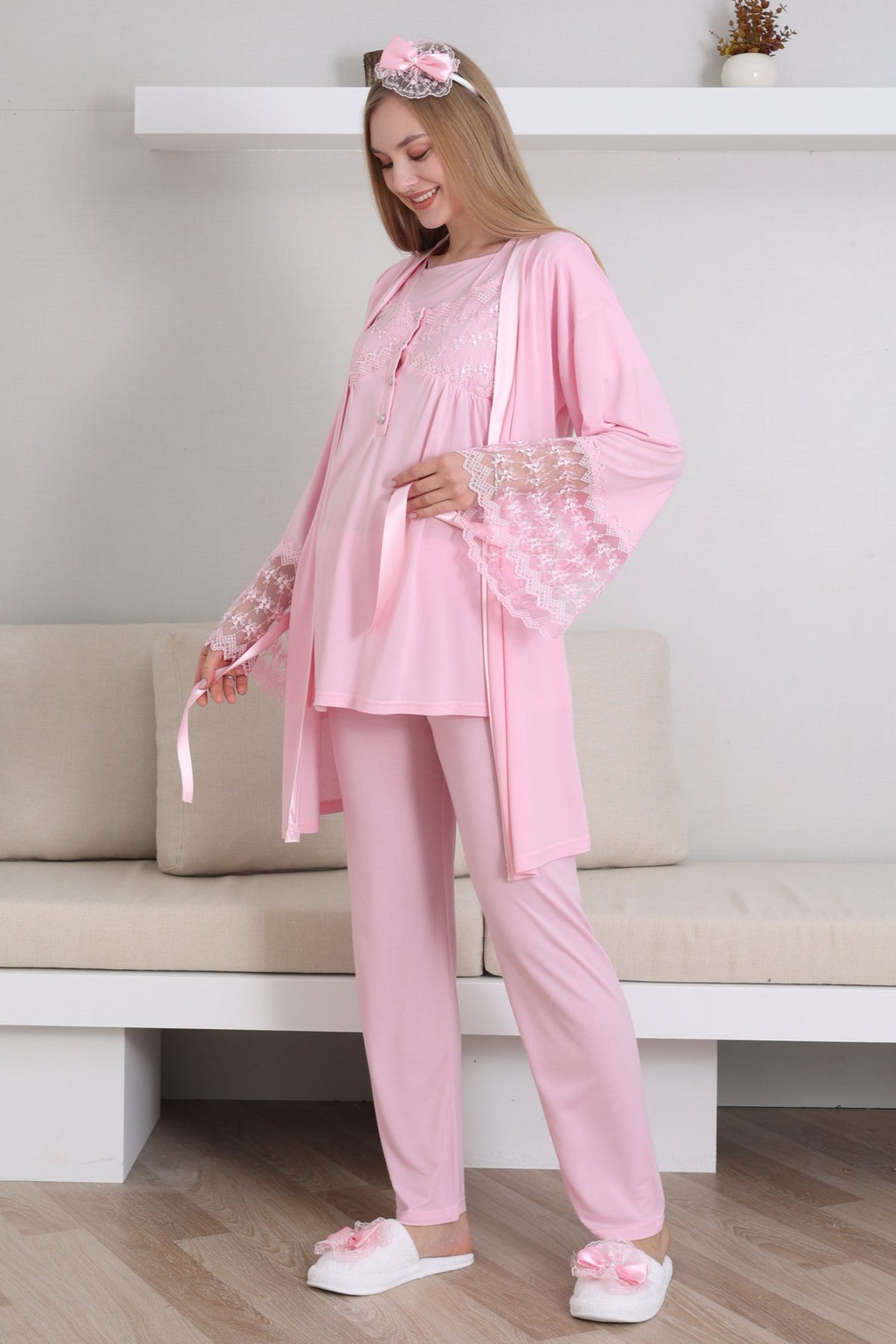 Lace Collar and Sleeve 3-Piece Maternity-Nursing Pajama & Robe Set Pink - 3431