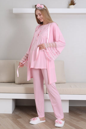 Lace Collar and Sleeve 3-Piece Maternity-Nursing Pajama & Robe Set Pink - 3431