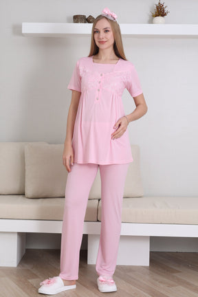 Lace Collar and Sleeve 3-Piece Maternity-Nursing Pajama & Robe Set Pink - 3431