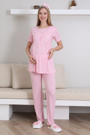 Lace Collar and Sleeve 3-Piece Maternity-Nursing Pajama & Robe Set Pink - 3431