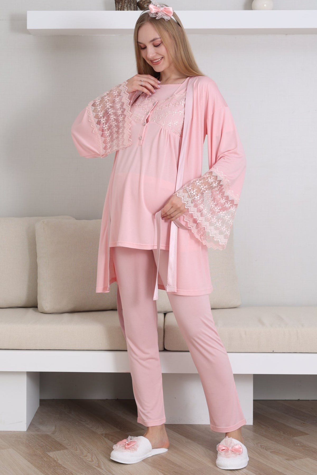 Lace Collar and Sleeve 3-Piece Maternity-Nursing Pajama & Robe Set Salmon - 3431