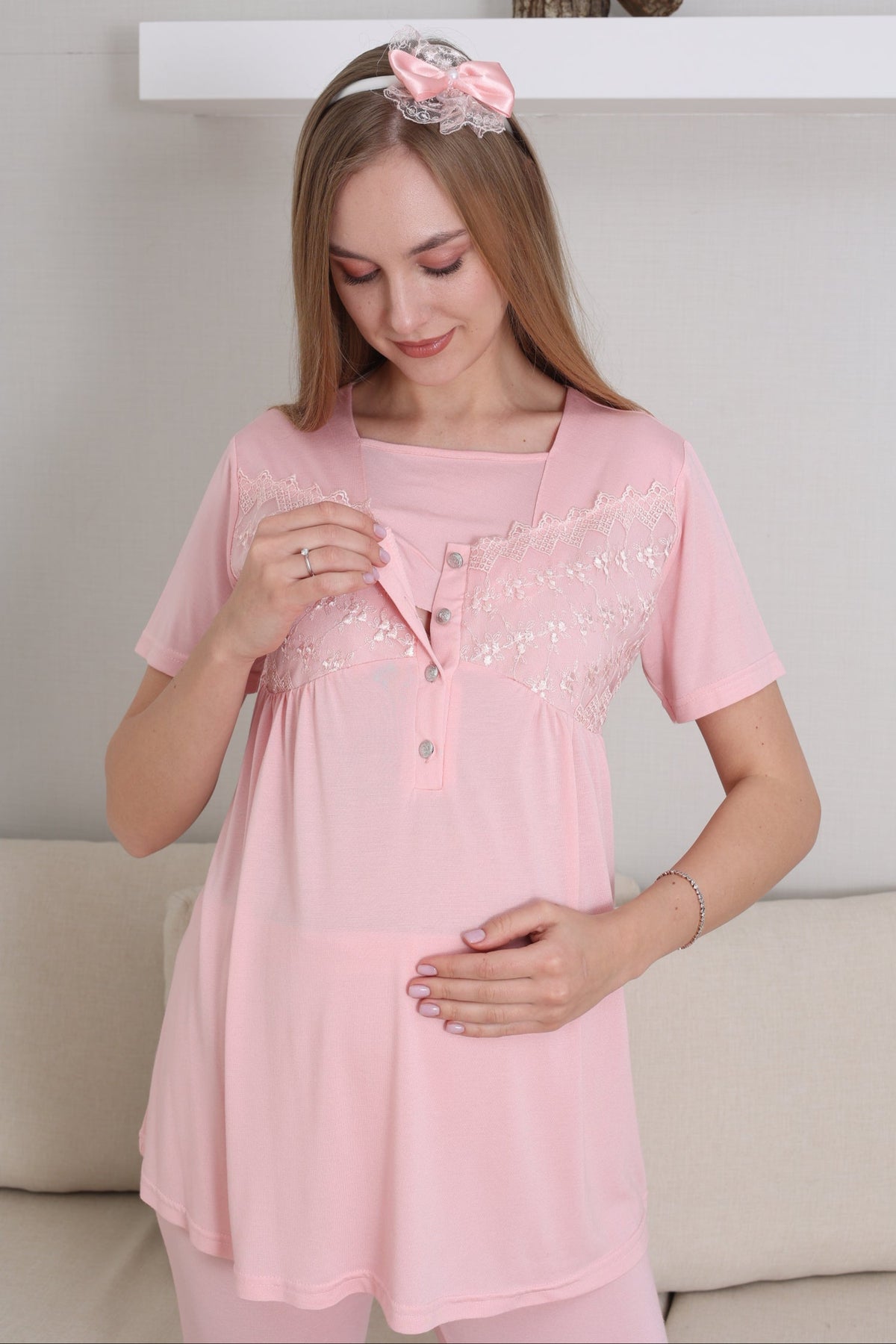 Lace Collar and Sleeve 3-Piece Maternity-Nursing Pajama & Robe Set Salmon - 3431