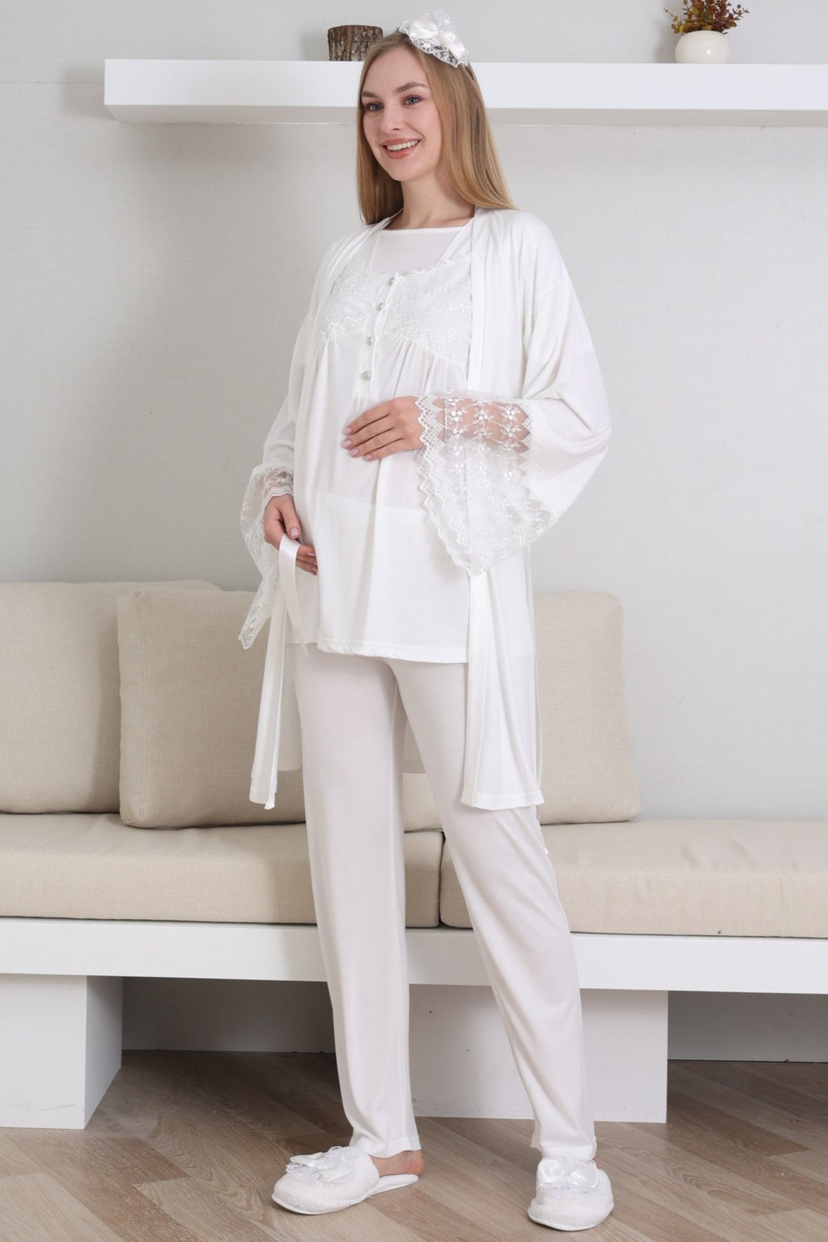Lace Collar and Sleeve 3-Piece Maternity-Nursing Pajama & Robe Set Ecru - 3431