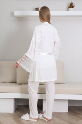 Lace Collar and Sleeve 3-Piece Maternity-Nursing Pajama & Robe Set Ecru - 3431