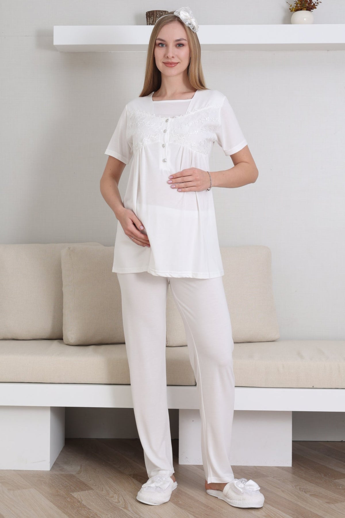 Lace Collar and Sleeve 3-Piece Maternity-Nursing Pajama & Robe Set Ecru - 3431