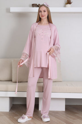 Lace Collar and Sleeve 3-Piece Maternity-Nursing Pajama & Robe Set Powder - 3431