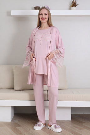Lace Collar and Sleeve 3-Piece Maternity-Nursing Pajama & Robe Set Powder - 3431
