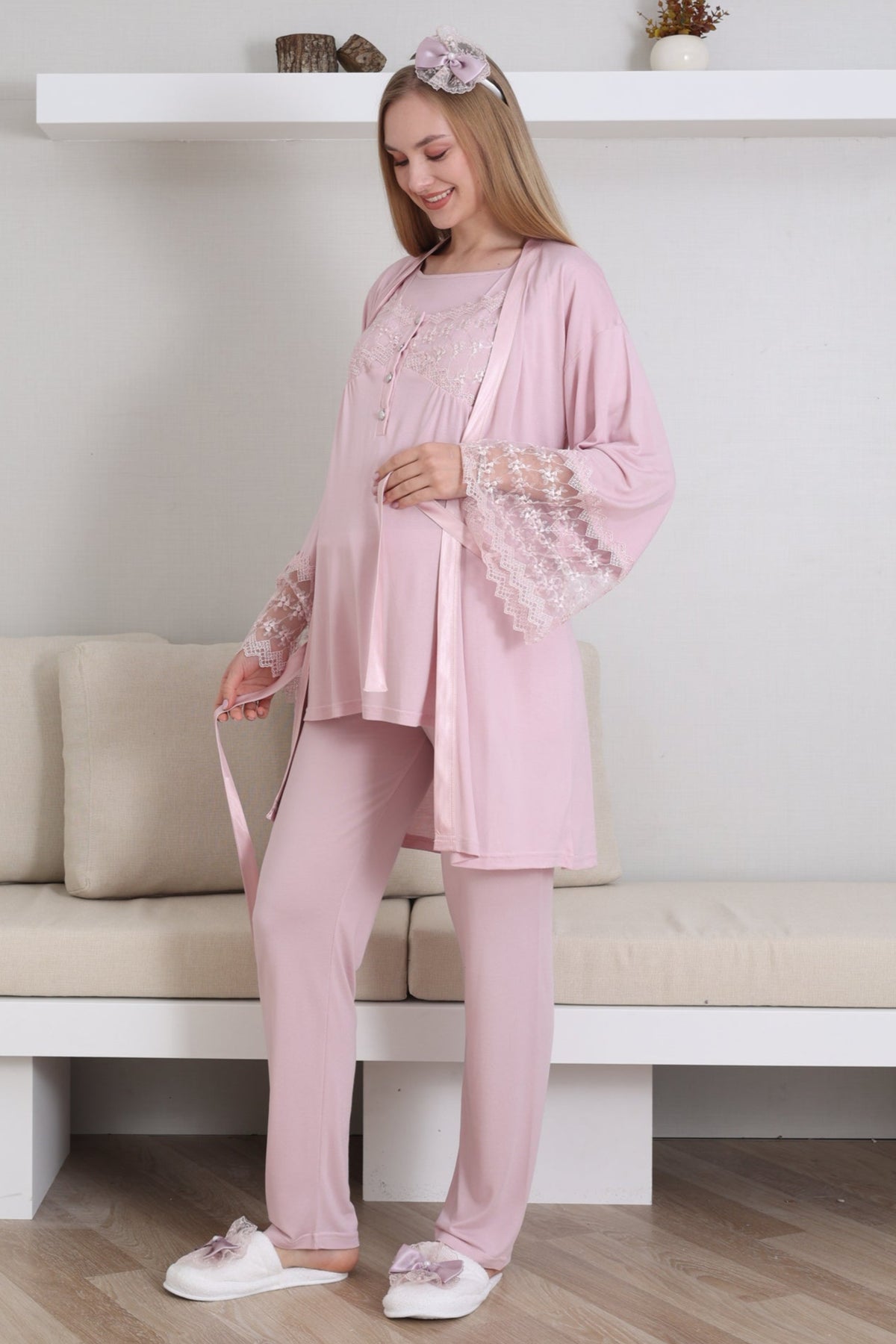 Lace Collar and Sleeve 3-Piece Maternity-Nursing Pajama & Robe Set Powder - 3431