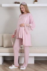 Lace Collar and Sleeve 3-Piece Maternity-Nursing Pajama & Robe Set Powder - 3431