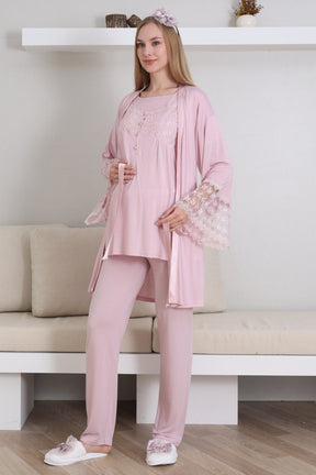 Lace Collar and Sleeve 3-Piece Maternity-Nursing Pajama & Robe Set Powder - 3431