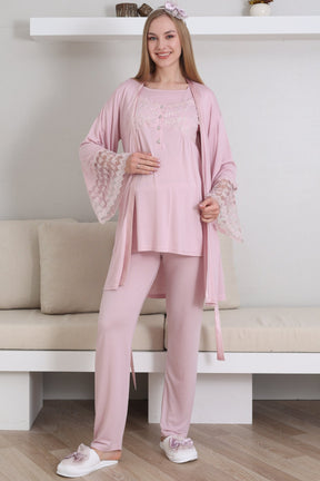 Lace Collar and Sleeve 3-Piece Maternity-Nursing Pajama & Robe Set Powder - 3431