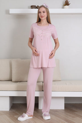 Lace Collar and Sleeve 3-Piece Maternity-Nursing Pajama & Robe Set Powder - 3431