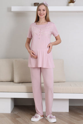 Lace Collar and Sleeve 3-Piece Maternity-Nursing Pajama & Robe Set Powder - 3431