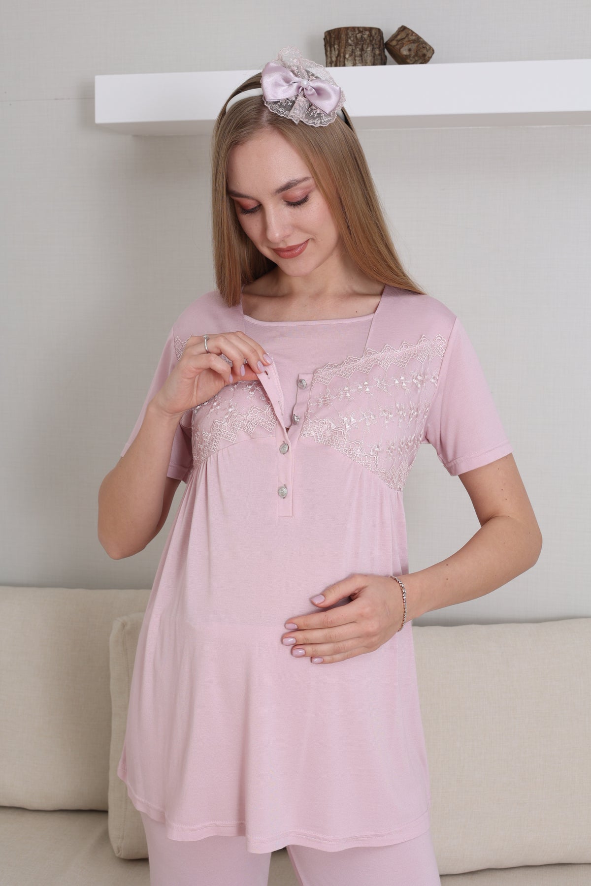Lace Collar and Sleeve 3-Piece Maternity-Nursing Pajama & Robe Set Powder - 3431