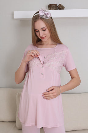 Lace Collar and Sleeve 3-Piece Maternity-Nursing Pajama & Robe Set Powder - 3431