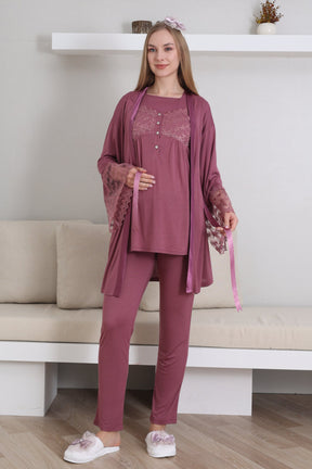 Lace Collar and Sleeve 3-Piece Maternity-Nursing Pajama & Robe Set Cherry - 3431