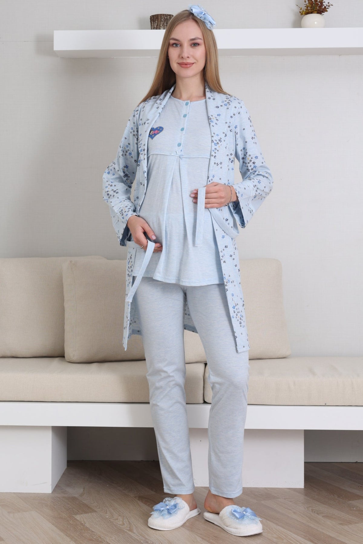 Baby Patterned 3-Piece Maternity Feeding-Friendly Pajama & Robe Set Blue - Z3432