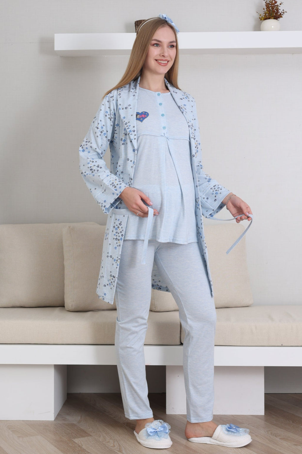Baby Patterned 3-Piece Maternity Feeding-Friendly Pajama & Robe Set Blue - Z3432
