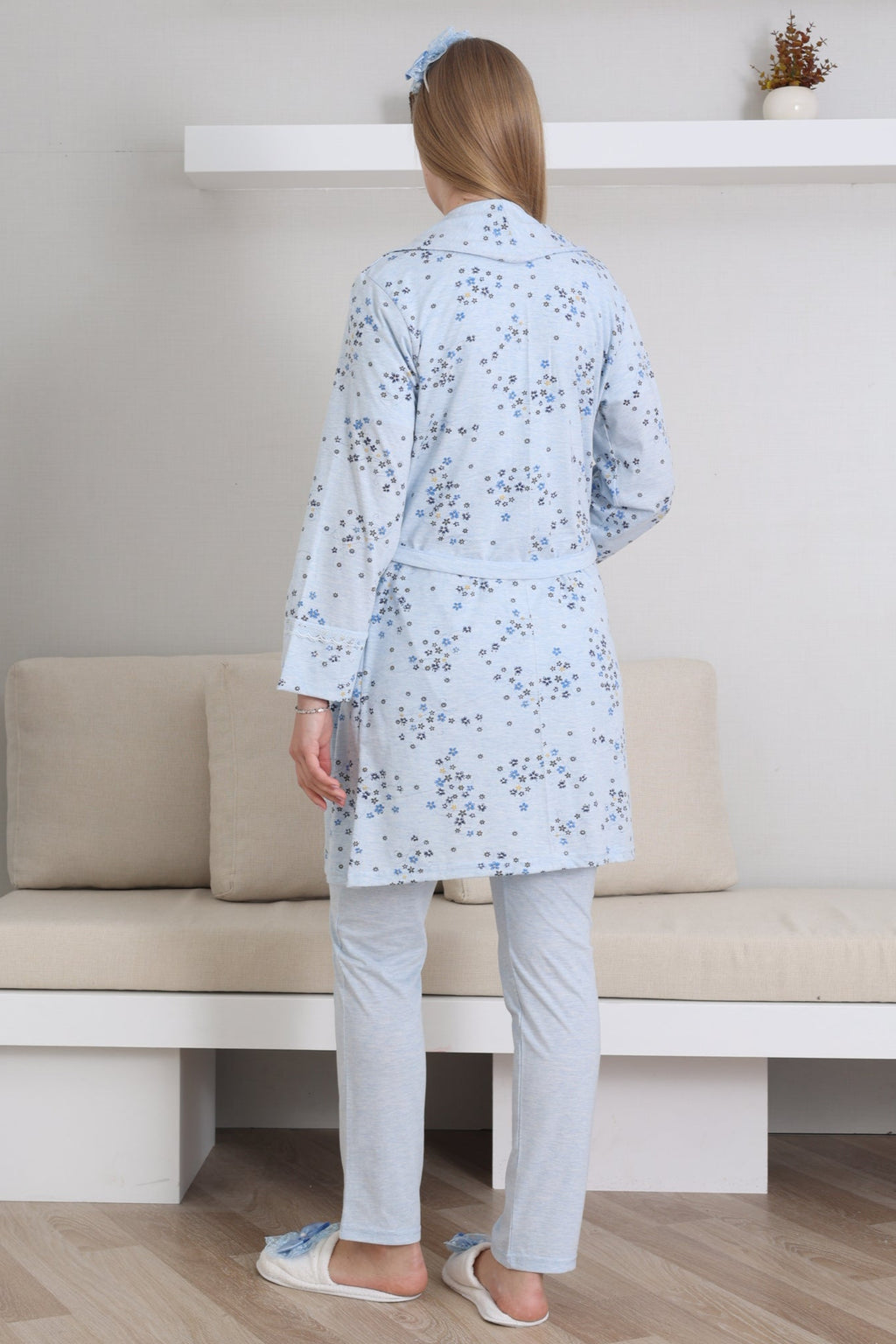 Baby Patterned 3-Piece Maternity Feeding-Friendly Pajama & Robe Set Blue - Z3432
