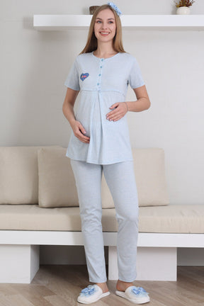 Baby Patterned 3-Piece Maternity-Nursing Pajama & Robe Set Blue - 3432