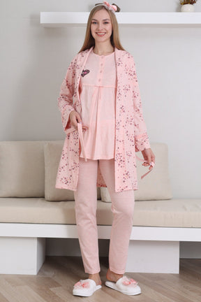 Baby Patterned 3-Piece Maternity-Nursing Pajama & Robe Set Salmon - 3432