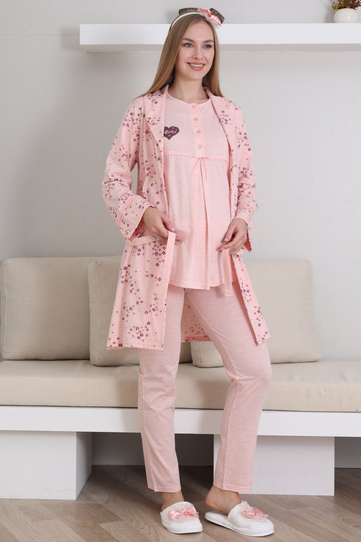 Baby Patterned 3-Piece Maternity-Nursing Pajama & Robe Set Salmon - 3432