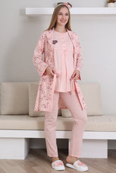 Baby Patterned 3-Piece Maternity-Nursing Pajama & Robe Set Salmon - 3432